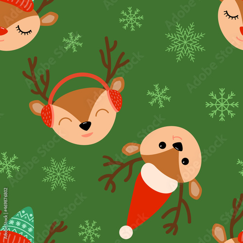 Holiday winter reindeers with snowflakes vector seamless pattern on green background. For fabric  textile  wallpaper.