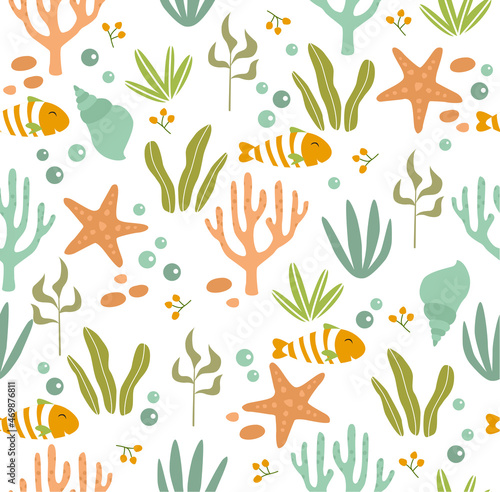 Print. Vector marine background. Can be printed on fabric. Cartoon fish. underwater world.