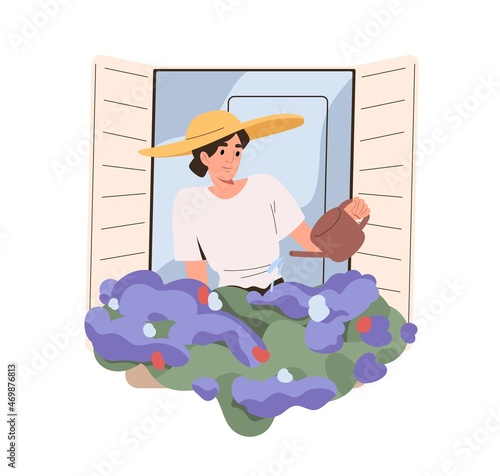 Woman watering potted flowers on windowsill outside open window. Person care about houseplant in flowerpot. Female and home garden with floral plants. Flat vector illustration isolated on white