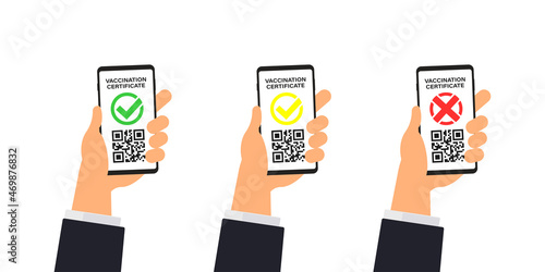 Vaccine certificate green on phone screen, hand holding yellow and red vaccinated pass set. Vaccination passport, covid-19 epidemic protection.