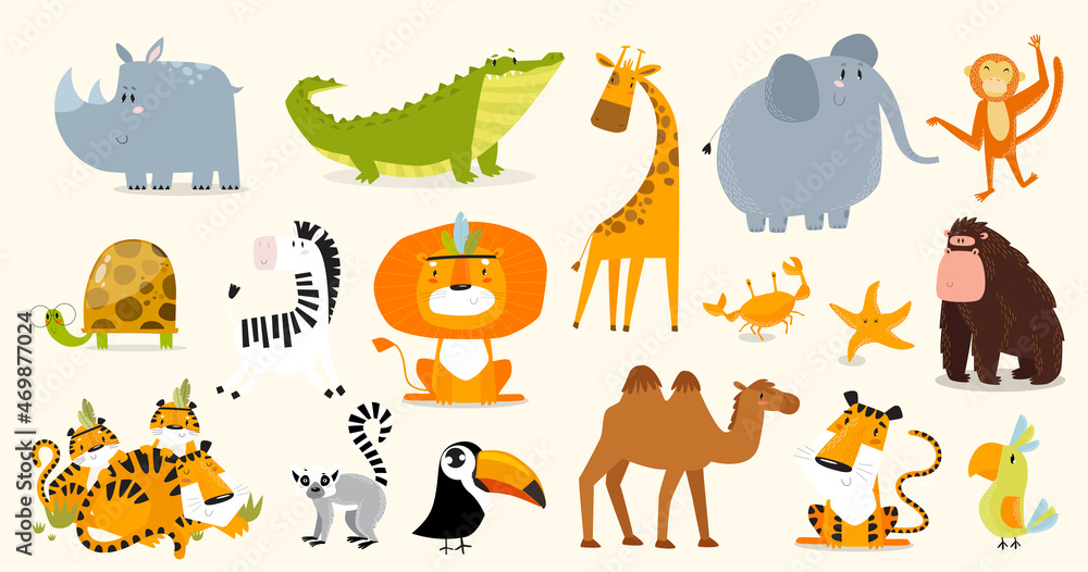 Print. Safari animals set. Vector animals. Wild animals. Cartoon  characters. Stock Vector | Adobe Stock