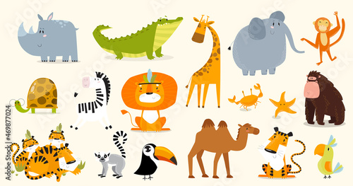 Print. Safari animals set. Vector animals. Wild animals. Cartoon characters.