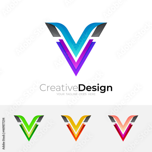 V logo with technology design template, line style
