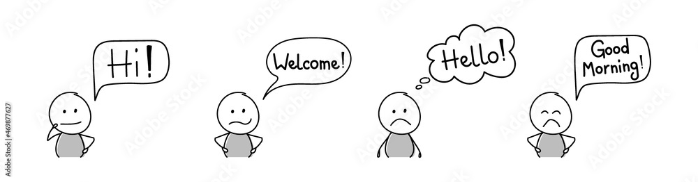 Sad stickman with greeting - welcome, hello, hi, good morning. Vector Sad stickman with greeting - welcome, hello, hi, good morning. Vector