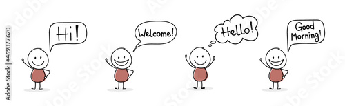 Happy cartoon people with greeting - welcome, hello, hi, good morning. Vector