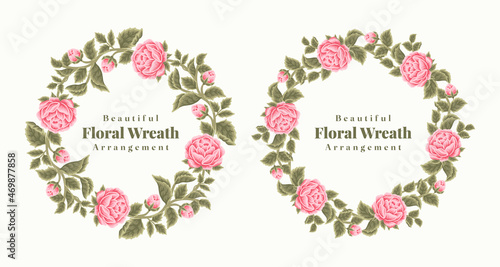 Set of vintage rose flower wreath and spring floral frame elements for wedding invitation