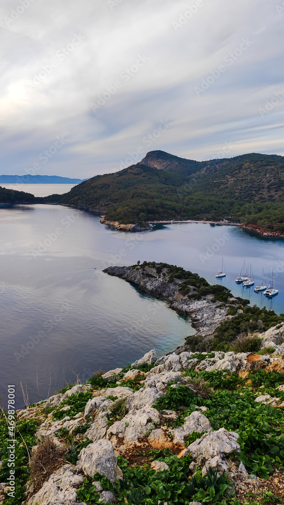 Fototapeta premium Mediterranean sea and yacht. Bays and island.