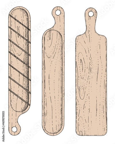 Vector set of cutting boards for baguette. Hand-drawn sketches engraving style. Collection of wooden tableware. Isolated objects on a white background