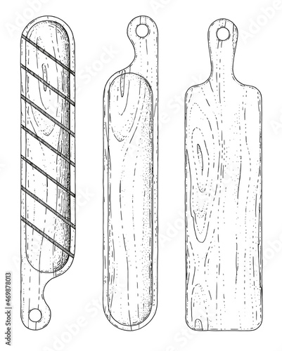 Cutting boards for cutting baguettes and loaves. Vector hand-drawn sketches. Vintage style engraving