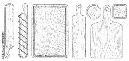 Vector set of different cutting boards. Hand-drawn sketches engraving style. Collection of wooden tableware. Wooden boards for cutting baguette and bread. Isolated objects on a white background