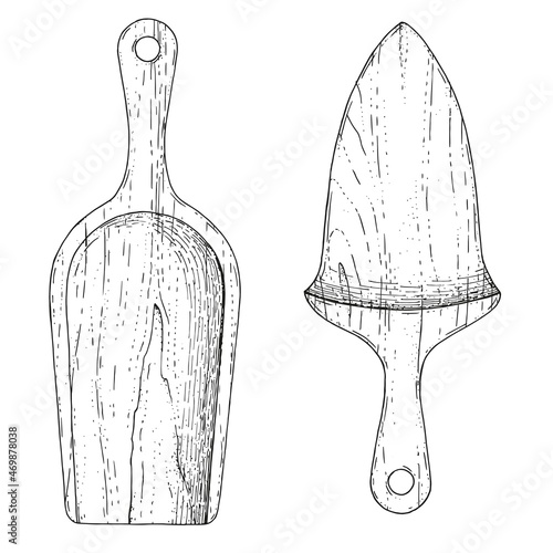 Wooden kitchen scoop and spatula. Hand-drawn sketches engraving style. A bucket for coffee, cereals, sugar, groceries. The server of the cake and for frying. Vintage illustrations white background