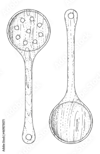 Wooden large spoon with holes. Hand-drawn sketches engraving style. Vintage illustrations on a transparent background