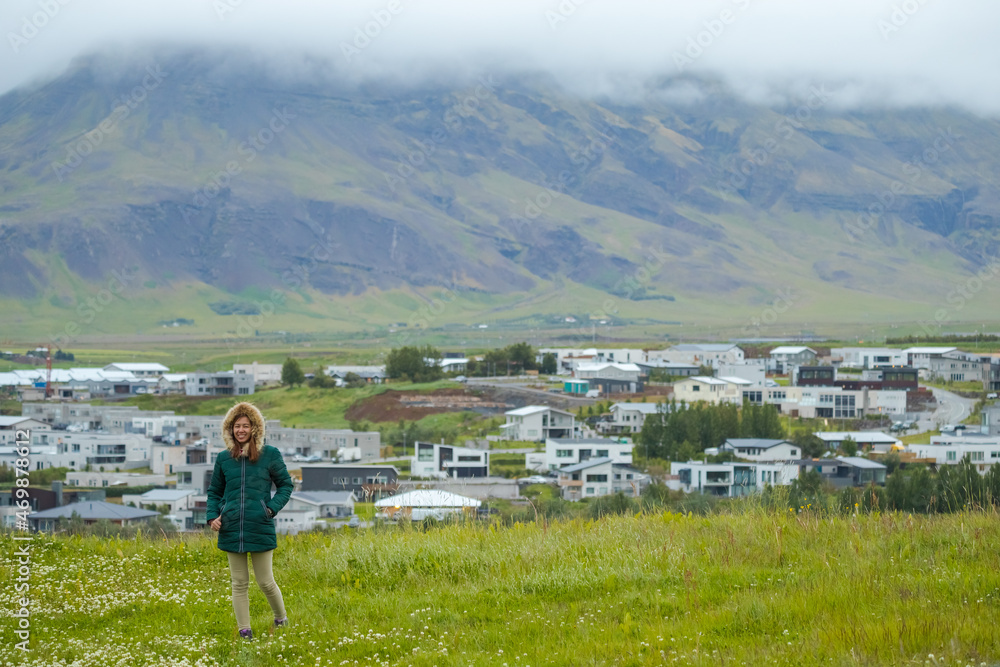 Naklejka premium Summer time of Asian woman enjoy trip in Iceland 