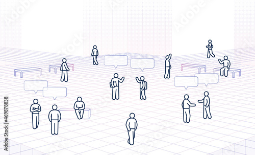 metaverse platform concept. simple outline virtual world with various people icons. editable stroke illustration