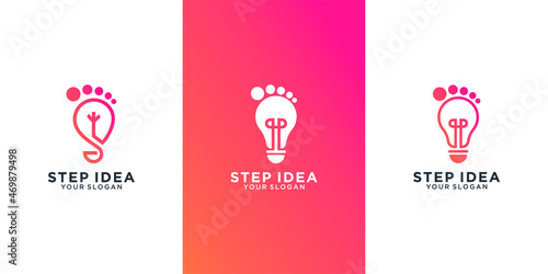 set of steps idea, combination lamp and foot digital logo template design Premium Vector