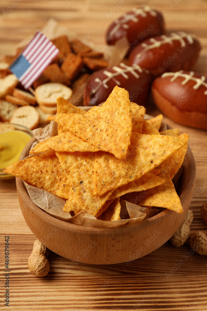 Concept of Super bowl snacks close up Concept of Super bowl snacks close up