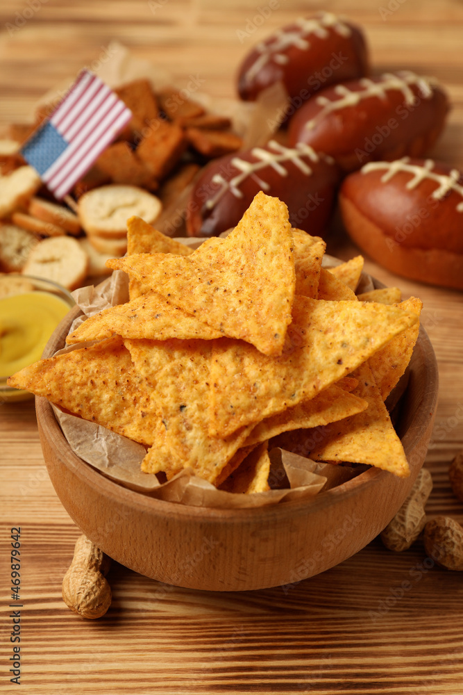 Concept of Super bowl snacks close up