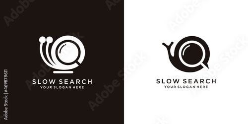 set of slow search .combination Snail with magnifying glass, logo design template Premium Vector