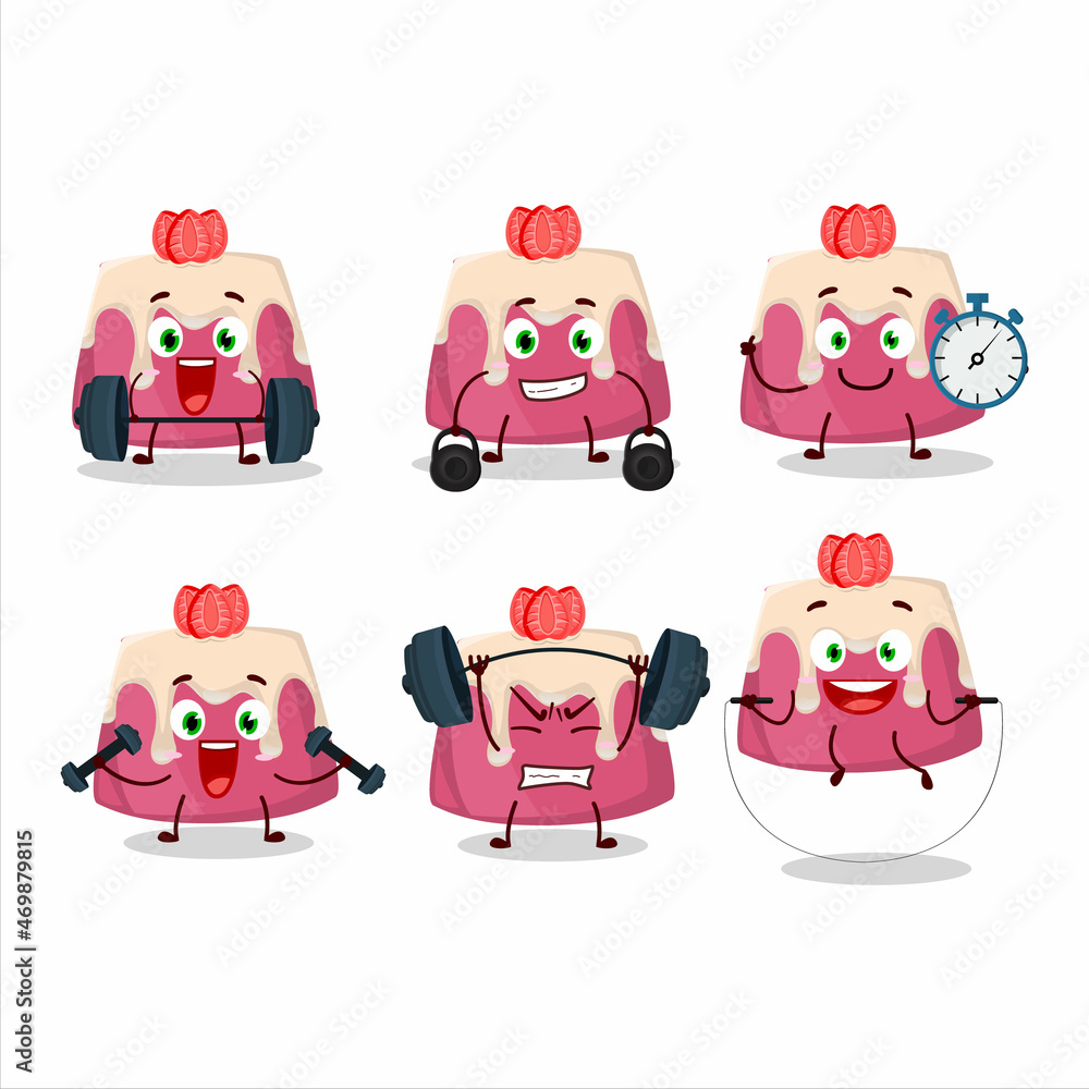 Fototapeta premium A healthy strawberry pudding cake cartoon style trying some tools on Fitness center