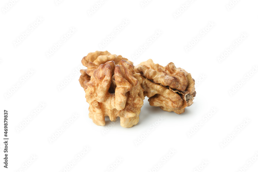 Peeled walnuts isolated on white background, close up