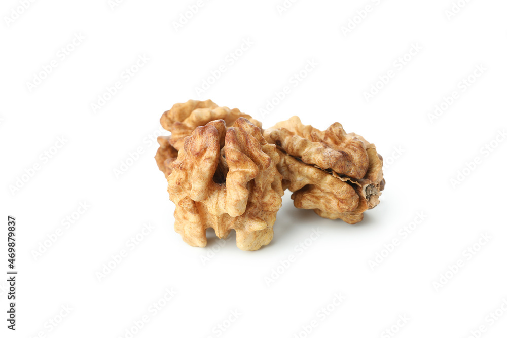 Peeled walnuts isolated on white background, close up Peeled walnuts isolated on white background, close up
