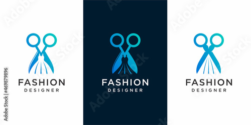 logo fashion designer , Creative combine dress and scissor logo design .Premium Vector