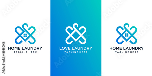 set of love home laundry logo with combination home and love. logo design Premium Vector