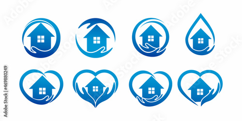 set of home care with combination a hand and a house. logo template for company Premium Vector