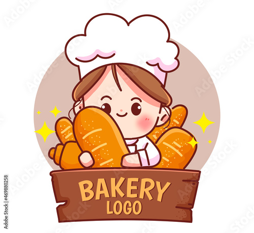 Chef woman bakery logo food and restaurant hand drawn cartoon art illustration