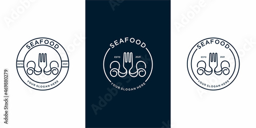 set of seafood logo with combination fork and squid. Premium Vector