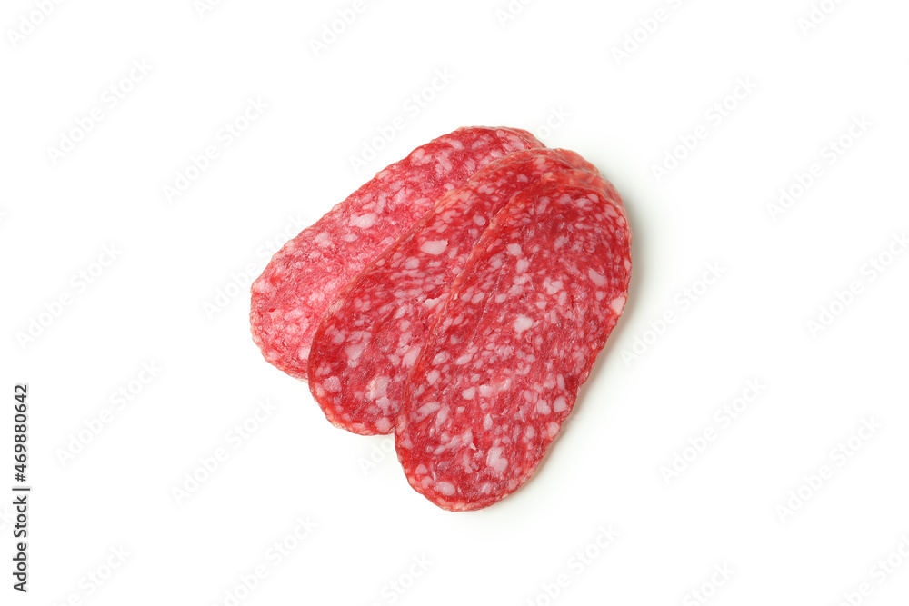 Slicing sausage salami isolated on white background Slicing sausage salami isolated on white background