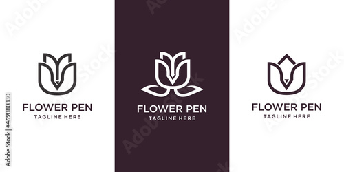 set of Pencil logos with rose symbols. Vector logo designs for authors, publishers and educational institutions.