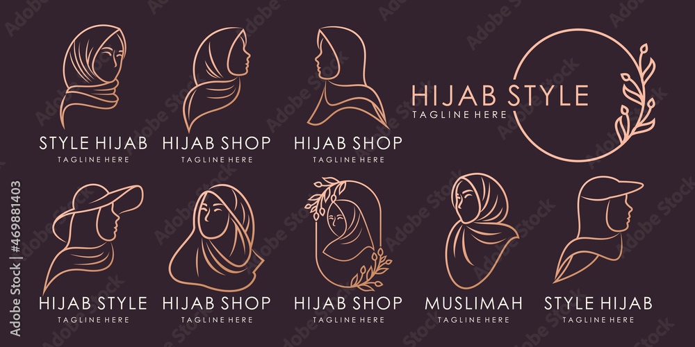 muslimah logo for hijab or scarf fashion product with gold colour. logo design template