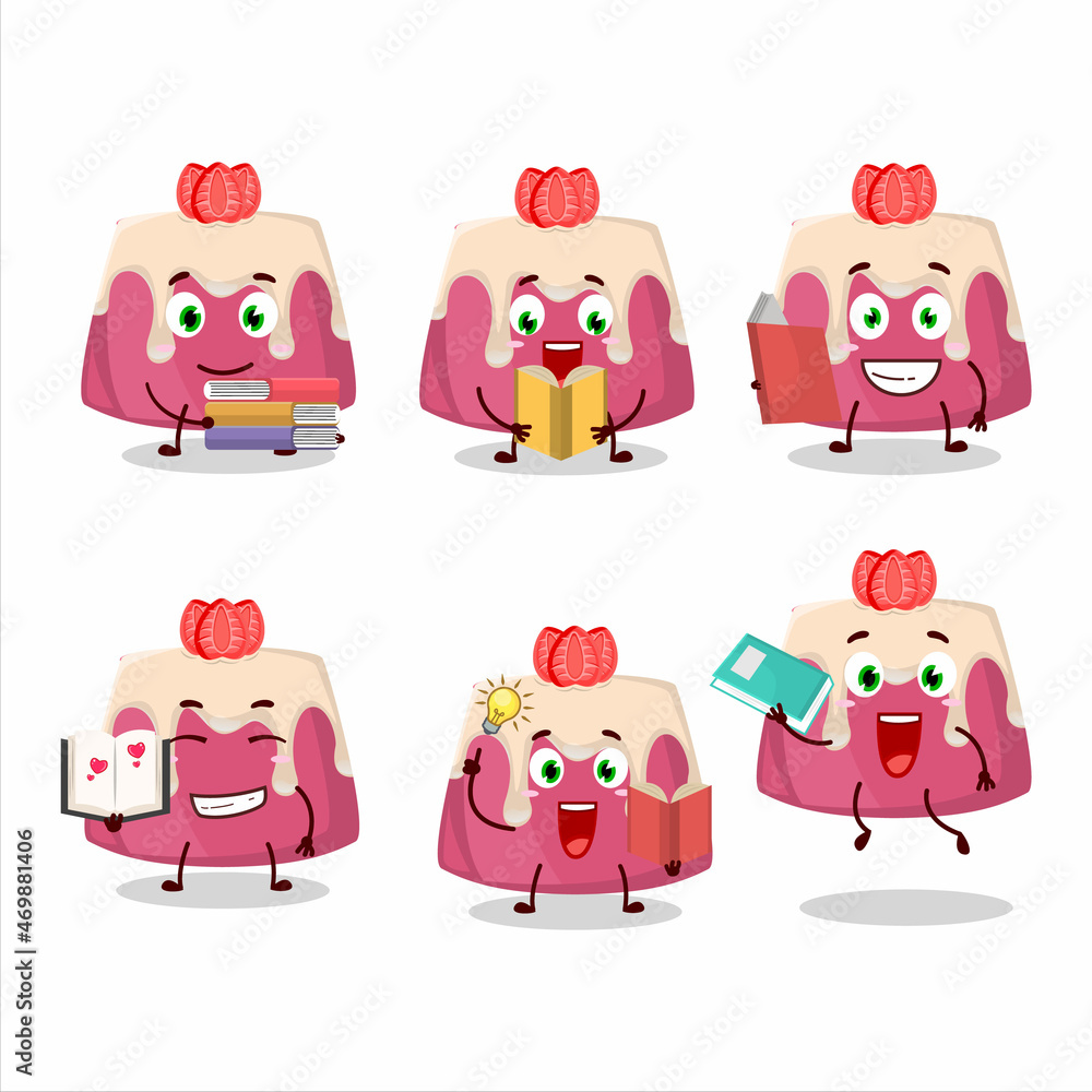 A picture of strawberry pudding cake cartoon character concept reading an amusing book A picture of strawberry pudding cake cartoon character concept reading an amusing book