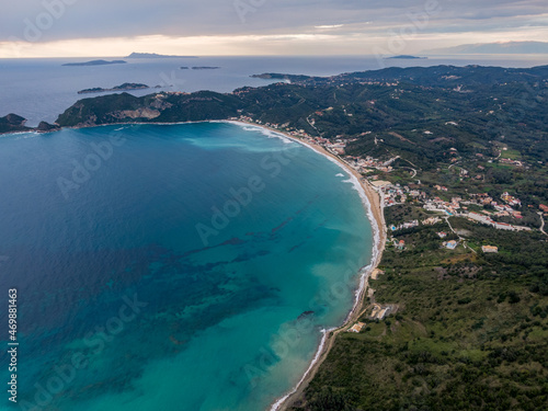 beautiful aerial drone panoramic view of agios georgios beach in north corfu greece
