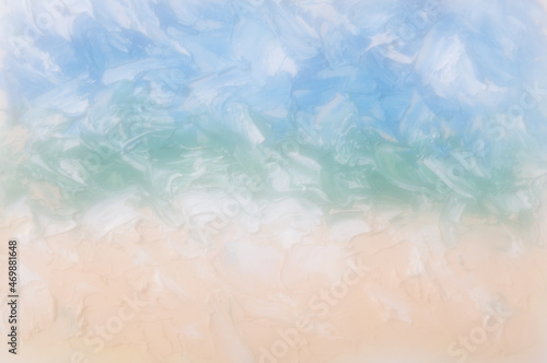 Summer abstract oil painting background. Sky, clouds,sea,beach. Palette knife oil paint. Soft effect lens.