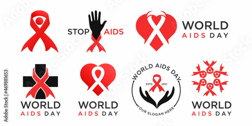 AIDS logo design vector icons set. Stop signs set. Red ribbons. World day 1 December.