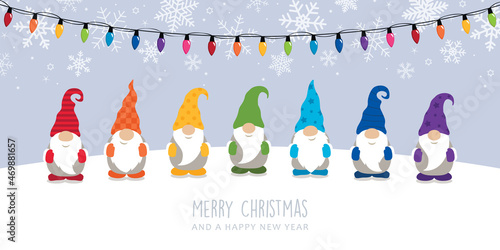 christmas greeting card with cute christmas dwarf in rainbow colours