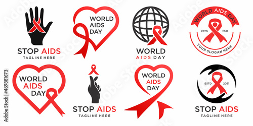 AIDS logo design vector icons set. Stop signs set. Red ribbons. World day 1 December.