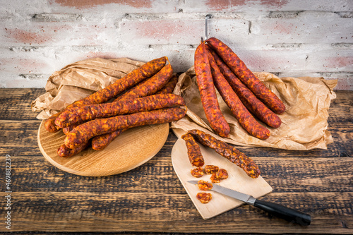 Traditional smoked paprika sausages, various levels of drying