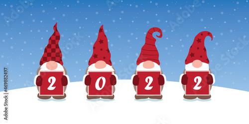 christmas greeting card 2022 with cute christmas dwarf and snowy landscape