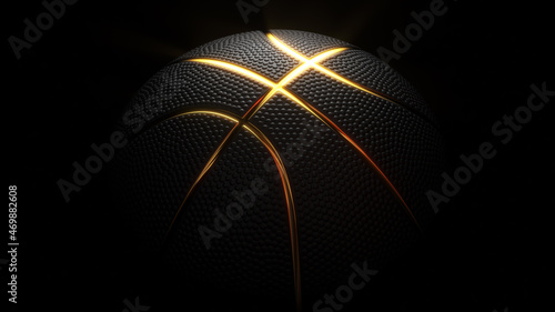 Basketball ball background. Black basketball ball with golden glowing lines and dimple texture. Futuristic sports concept. 3d rendering © 3d_kot