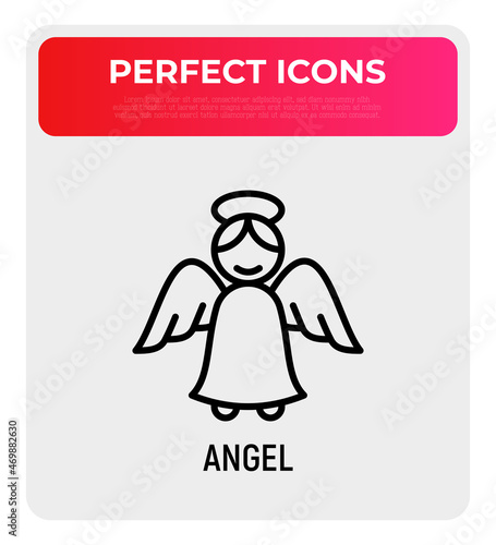 Angel with nimbus thin line icon. Symbol of Christmas or Valentine's day. Modern vector illustration.