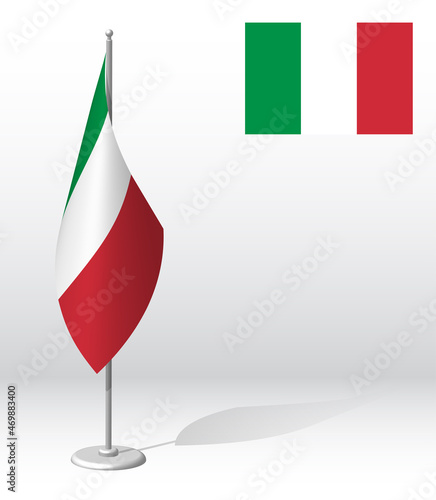 Italian Republic flag on flagpole for registration of solemn event, meeting foreign guests. National independence day of ITALY. Realistic 3D vector on white