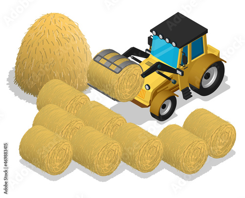 Isometric agricultural tractor with clamping tongs loading rolls of straw. Transport and equipment for agriculture. Realistic cartoon 3d vector isolated on white background
