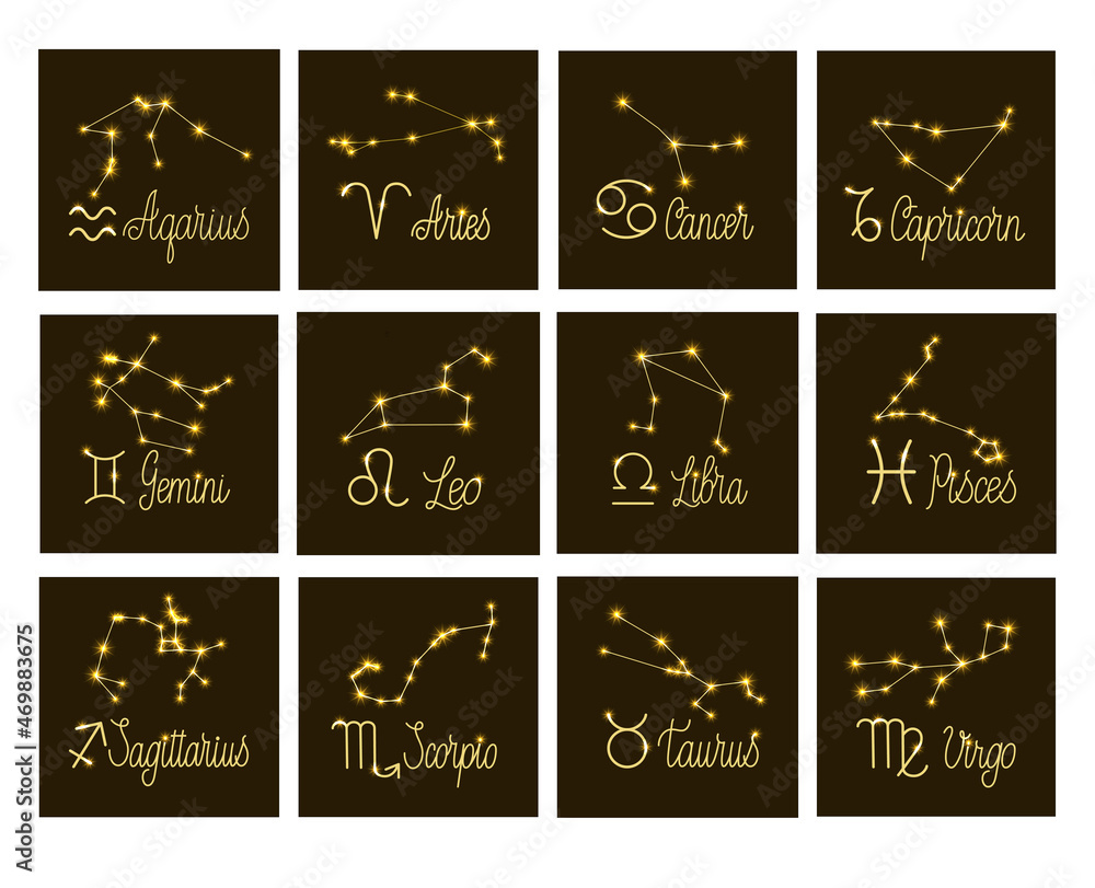 A set of zodiac signs with inscriptions, stars and constellations. Twelve signs on a brown background. Vector illustration A set of zodiac signs with inscriptions, stars and constellations. Twelve signs on a brown background. Vector illustration