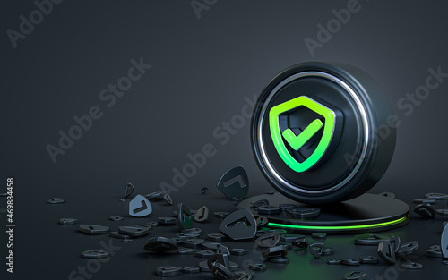 Shield Check lock sign 3d render abstract dark realistic iconic background for social banner template photo