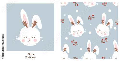Seamless pattern with rabbit cartoons, snowflakes and red berry branches on blue background. Sleeping rabbit cartoon cute wall decoration vector illustration.