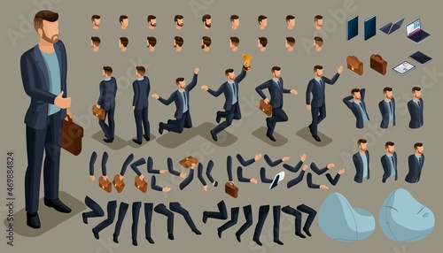 Isometric cartoon people, 3D Set for creating an office worker character. Full length gestures. Create your own design for vector illustrations