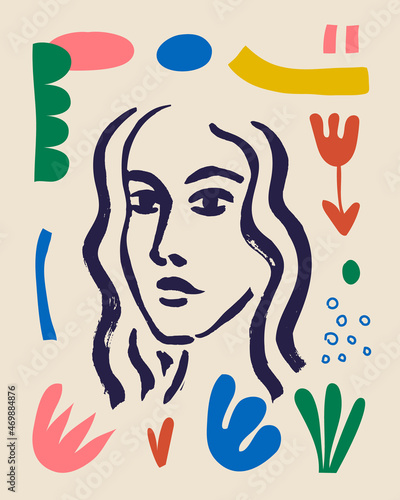 Vector woman art poster. Matisse inspired hand drawn contemporary portrait for print wall art decor, retro style. Abstract collage shapes.
